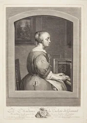 Eine holländische Frau spielt Cembalo, durch ein Fenster gesehen