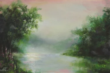 Nebliger Morgen am Fluss
