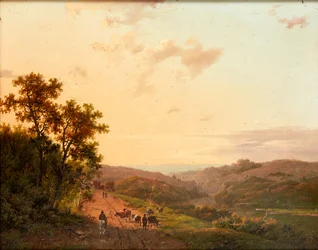 Hirten und ihr Vieh auf einem Landweg, mit ferner Landschaft