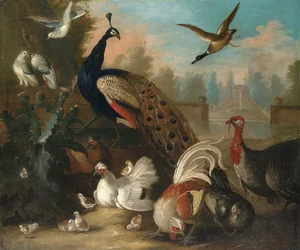 Ein Pfau und andere Vögel in einer ornamentalen Landschaft
