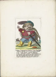 Der Zwerg Holloka Tschimitschko Buttiam Uran als Husar, ca. 1710 (Holloka Tschimitschko Buttiam Uran, Ragoßischer Hussarn-Obrister in der Garnison zu Neuheußl) (Il Callotto resurcitato oder Neu eingerichtes Zwerchen Cabinet)