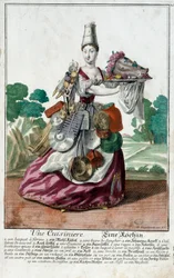 Ein Koch. Gravur von Martin Engelbrecht (1684-1756), in „Neue Versammlung der manouvries habilles“ 18. Jahrhundert, Deutschland. Paris, Decorative Arts