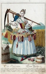 Eine Bäuerin. Gravur von Martin Engelbrecht (1684-1756), in „Neue Versammlung der manouvries habilles“ 18. Jahrhundert, Deutschland. Paris, Decorative Arts