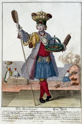 Beruf: Ein Bäcker. Gravur von Martin Engelbrecht (1684-1756), in „Neue Versammlung der manouvries habilles“ 18. Jahrhundert, Deutschland. Paris, Kunstgewerbemuseum