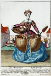 Beruf: Ein Bäcker. Gravur von Martin Engelbrecht (1684-1756), in "Neue Versammlung der bekleideten Handwerker" 18. Jahrhundert, Deutschland. Paris, Dekorative Künste