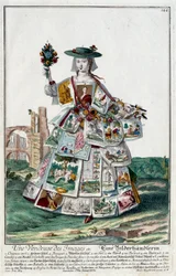Beruf: Eine Bildverkäuferin. Kupferstich von Martin Engelbrecht, in „Neue Versammlung der Manouvries Habilles“ 18. Jahrhundert, Deutschland. Paris, Kunstgewerbemuseum