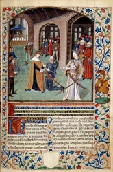 Allegorie der Tugend: Vasall, der seinem Herrn in Anwesenheit der Tugend Tribut zollt. Miniatur aus "Der Geist von Fortuna und Tugend" von Martin Le Franc (1410-1461) 1447-1448, Paris B.N.