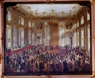Maria Theresia von Österreich (1717-1780) bei der Zeremonie der Einsetzung des Ordens des Heiligen Stephan im Jahr 1764