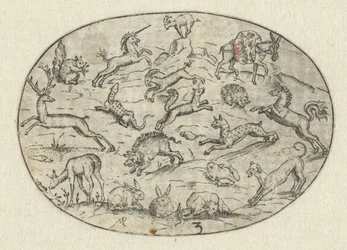 Oval mit achtzehn Tieren