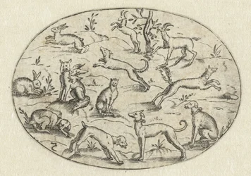Oval mit Hunden, Ziegen und Kaninchen