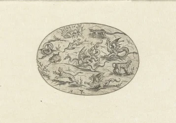 Oval mit Reptilien, Katzenartigen und Fantasiewesen