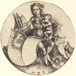 Schild mit Löwenkopf, gehalten von Wilder Frau