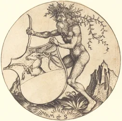 Schild mit Hirsch, gehalten von Wildem Mann