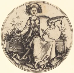 Schild mit Einhorn, gehalten von Frau