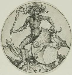 Schild mit einem Windhund, gehalten von einem wilden Mann