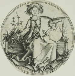 Schild mit einem Einhorn, gehalten von einer Dame