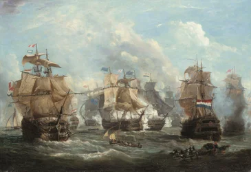 Das englische Flaggschiff Venerable im Kampf mit dem niederländischen Flaggschiff Vrijheid in der Schlacht von Camperdown