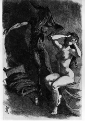Photis verwandelte Lucius versehentlich in einen Esel. Die Metamorphosen (Goldener Esel oder Asinus aureus), ein Roman von Apuleius (Lucius Apuleius) (um 125-um 180) im 2. Jahrhundert. Radierung von Martin Van Maele