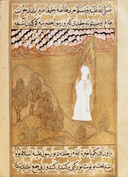 Islam: „Darstellung des Propheten Mohammed (Mohammed oder Muhammad) (570-632) (Gesicht bedeckt) auf dem Berg Hira, wo er eine Vision empfängt“ Miniatur aus „Siyer-i Nebi“ (Siyer i Nebi), einem epischen Gedicht über das Leben des Propheten Mohammed
