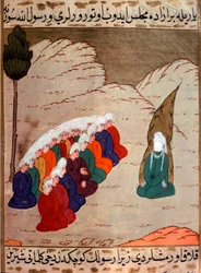 Darstellung des Propheten Muhammad (570-632) (Gesicht bedeckt), predigend vor Mitgliedern des Stammes Abd al-Muttalib. Miniatur aus 