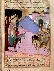 Der Prophet Mohammed, mit verhülltem Gesicht dargestellt, versucht die Mekkaner davon zu überzeugen, in Medina auf die Ankunft der feindlichen Heere der Quraischiten (oder Koraishiten) zu warten. Sie werden in der Schlacht von Uhud kämpfen. Miniatur aus