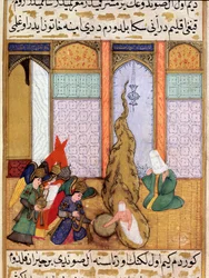 Die Geburt des Propheten Muhammad. Miniatur aus „Siyer-i Nebi“, einem epischen Gedicht über das Leben des Propheten Muhammad, geschrieben von Mustafa, Sohn von Yusuf aus Erzurum unter der Herrschaft von Murad III. (1574-1595). Miniatur von Lutfi Abdullah