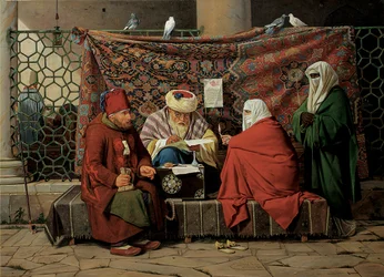 Ein türkischer Notar, der vor der Kilic Ali Pasha Moschee in Tophane, Konstantinopel, 1837, einen Ehevertrag aufsetzt