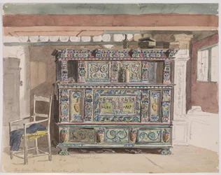 Bemalter Schrank, datiert 1727, in einer Stube von Læsø