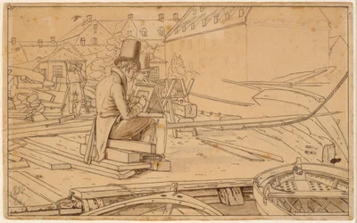 Ein Künstler malt in einer Werft