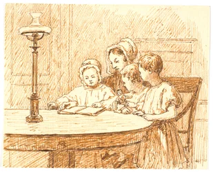 Eine Mutter zeigt drei Kindern ein Buch