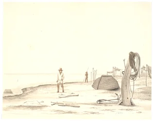 Strandpartie mit umgedrehtem Boot und zwei Fischern
