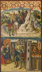 Der heilige Christophorus trifft Satan, der heilige Christophorus vor dem König von Lykien, 1480-85