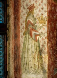 Margarete Maultasch, Gräfin von Tirol, in einem Wandgemälde in einer Fensternische des Badesaals in Schloss Runkelstein, Südtirol