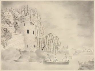 Der einsame Turm (Burg an einem Fluss mit Weiden und einem Boot)