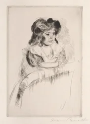 Margot, ruht mit den Armen auf der Rückenlehne eines Sessels, um 1903