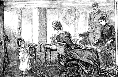 Ein kleines Mädchen mit ihrer Tante und ihrem Onkel, die auf sie aufpassen