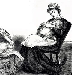 Eine Gravur, die eine Mutter zeigt, die ihr Baby wiegt