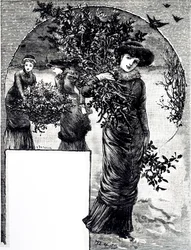 Eine Gravur, die das Sammeln von Stechpalmen und Immergrün für die Weihnachtsdekoration darstellt. Illustriert von Mary Ellen Edwards (1838-1934), einer englischen Künstlerin und Illustratorin von Kinderbüchern