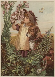 Mädchen mit Hund riecht Blumen