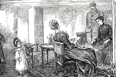 Illustration eines kleinen Mädchens, das von ihren Tanten und ihrem Onkel für einen Nachmittag betreut wird