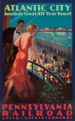 Plakat zur Werbung für Reisen nach Atlantic City mit der Pennsylvania Railroad