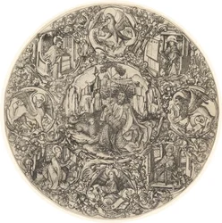 Johannes der Täufer in der Wüste mit dem Lamm Gottes, umgeben von den Symbolen der Evangelisten und den vier Kirchenvätern