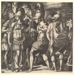 Alexander begrüßt Thalestris und die Amazonen