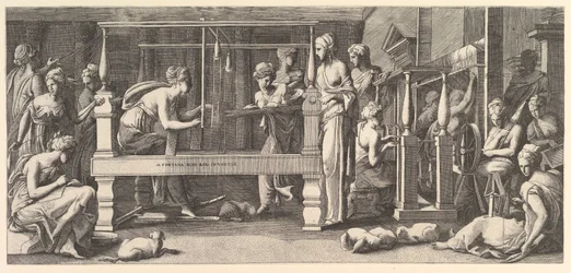 Frauen beim Spinnen, Weben und Nähen, 1540-50