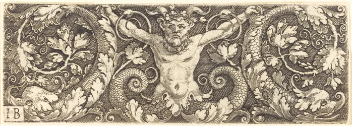 Ornament mit fantastischem Satyr und Delfinen