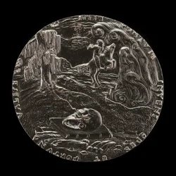 Buch, Schädel, Knochen und Reiter in Landschaft [Rückseite], 1526