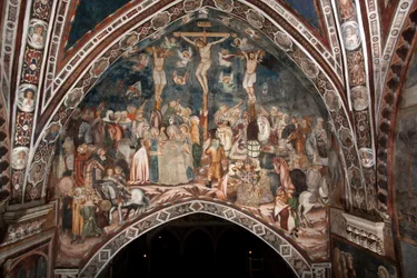 Die Kreuzigung, Fresko des Meisters von Sacro Speco, 14. Jahrhundert, Obere Kirche, Kloster von San Benedetto (Sacro Speco), Subiaco (Rom), Italien