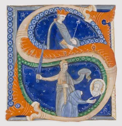 Manuskript-Illumination mit der Enthauptung des Heiligen Paulus in einem Initial S, aus einem Graduale, ca. 1278