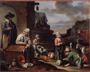 Bauern am Brunnen. Gemälde des Meisters von Beguines (Mitte des 17. Jahrhunderts)