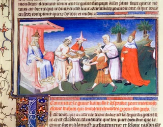 Kublai Khan beim Bezahlen von Einkäufen, ca. 1280er Jahre, frühes 15. Jahrhundert